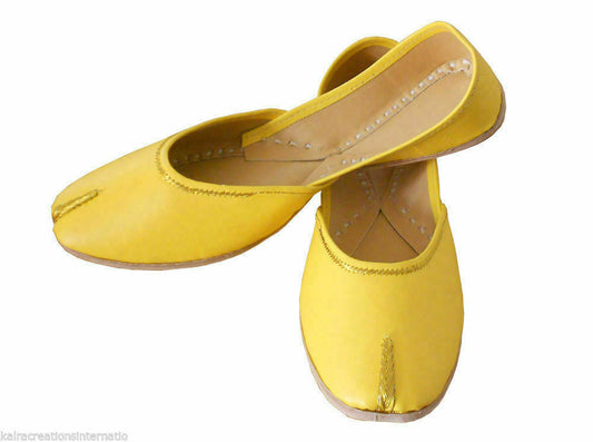 Women Slippers Indian Handmade Traditional Clogs Yellow Flats Open Jutties Flip-Flops Flat US 10