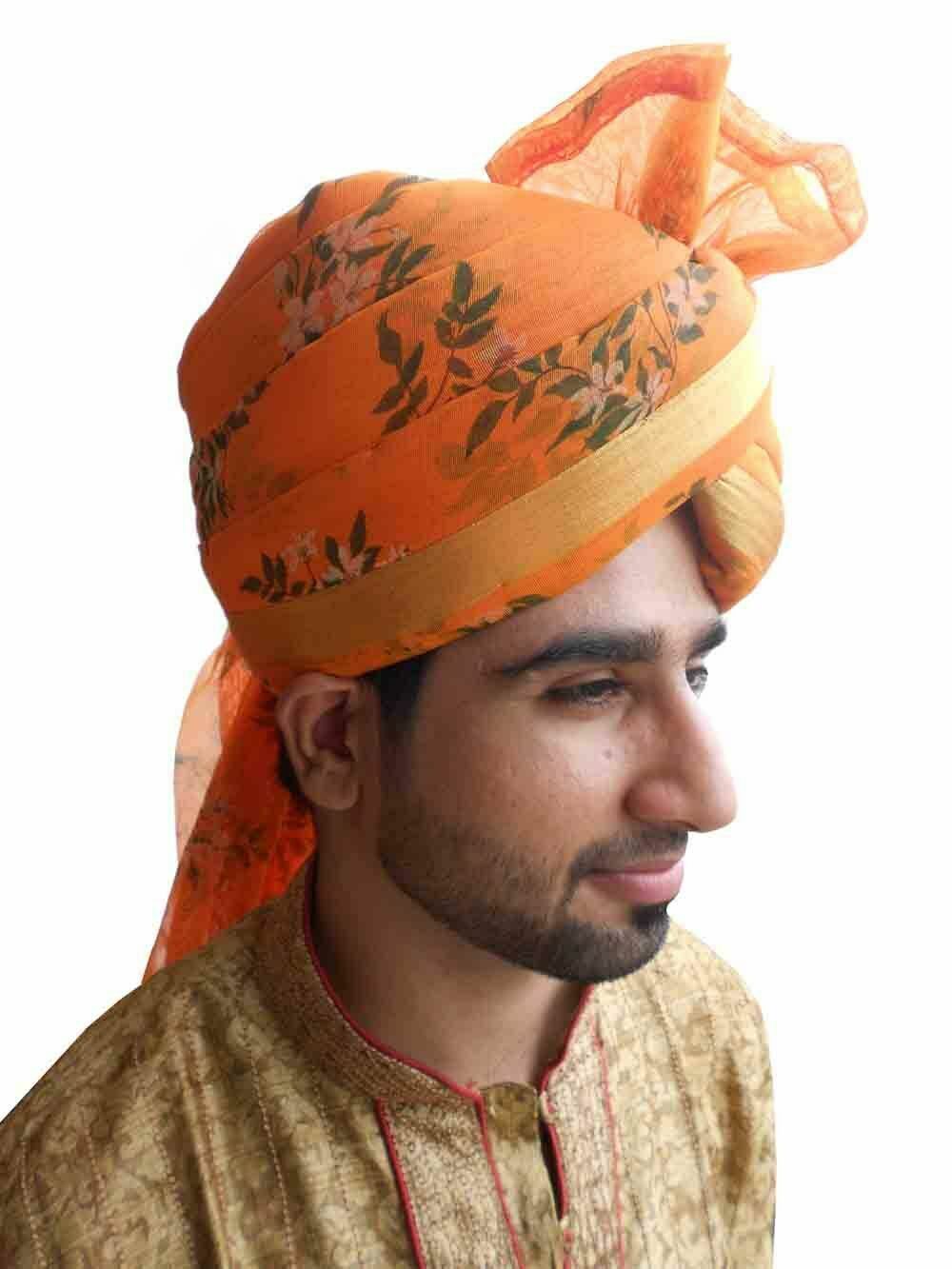 Men Hat Indian Turban Flower Print Wedding Pagri Sherwani Groom Pag Safa