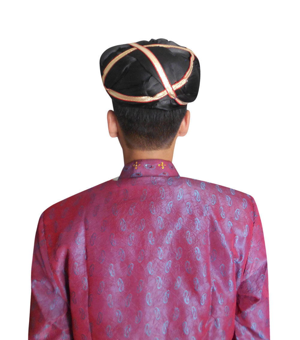 Men Hat Indian Handmade Turban Silk Blend Rajasthani Safa Black Top Pagri Pag