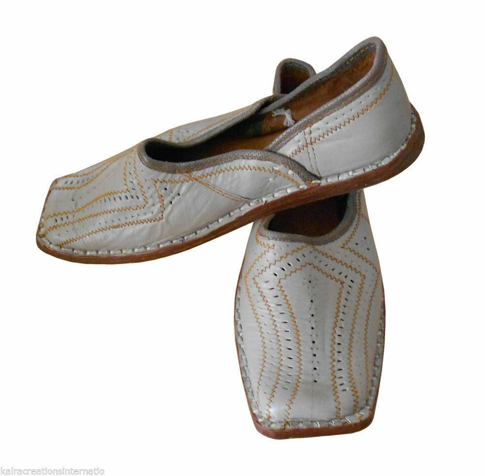 Men Shoes Indian Handmade Wedding Mojaries Leather Light Gray Loafers & Slip Ons Jutties Flip-Flops US 9