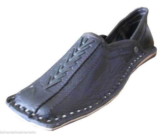 Men Shoes Traditional Indian Ethnic Punjabi Jutties Leather Loafers Black Boat Handmade Flip-Flops Flat US 8