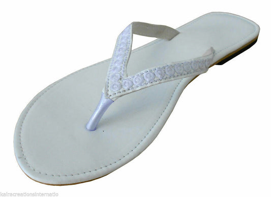 Women Slippers Indian Handmade Leather Cream Mojaries White Jutties Flip-Flops US 7