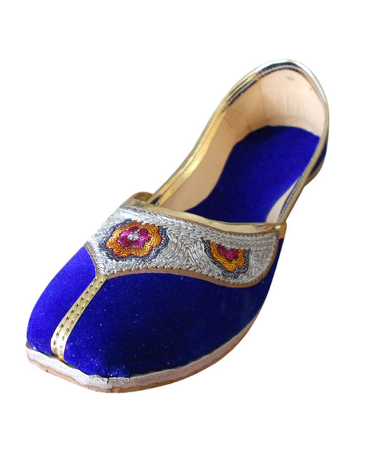 Women Shoes Handmade Mojaries Leather Blue Traditional Khussa Jutties Flip-Flops Flat US 6-12