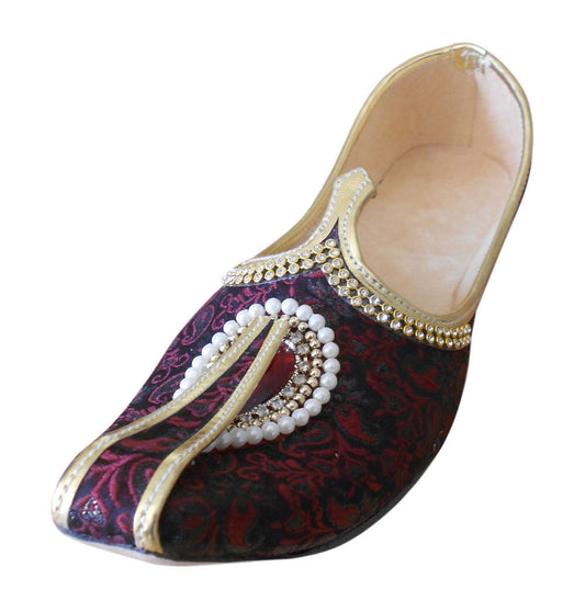 Men Shoes Indian Wedding Jutties Handmade Punjabi Maroon & Black Mojaries Groom Flip-Flops Flat US 6-12