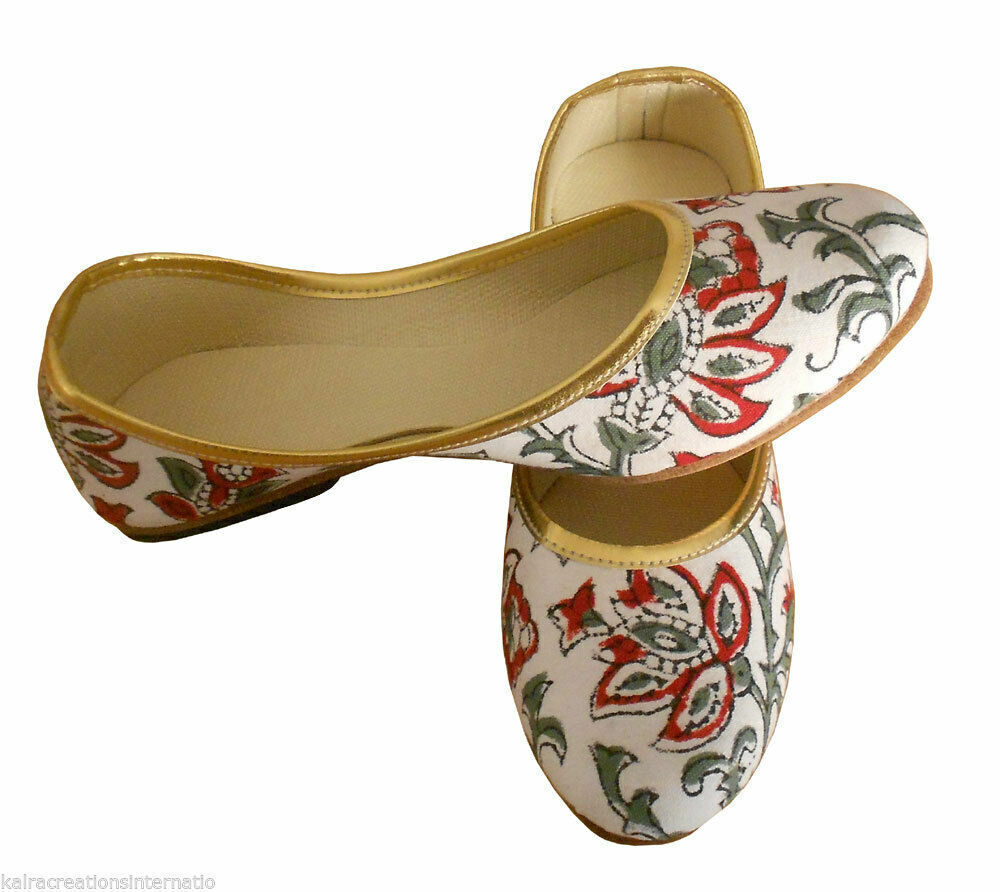 Women Shoes Indian Handmade Mojaries Leather White Ballerinas Jutties Flip-Flops Flat US 5/6