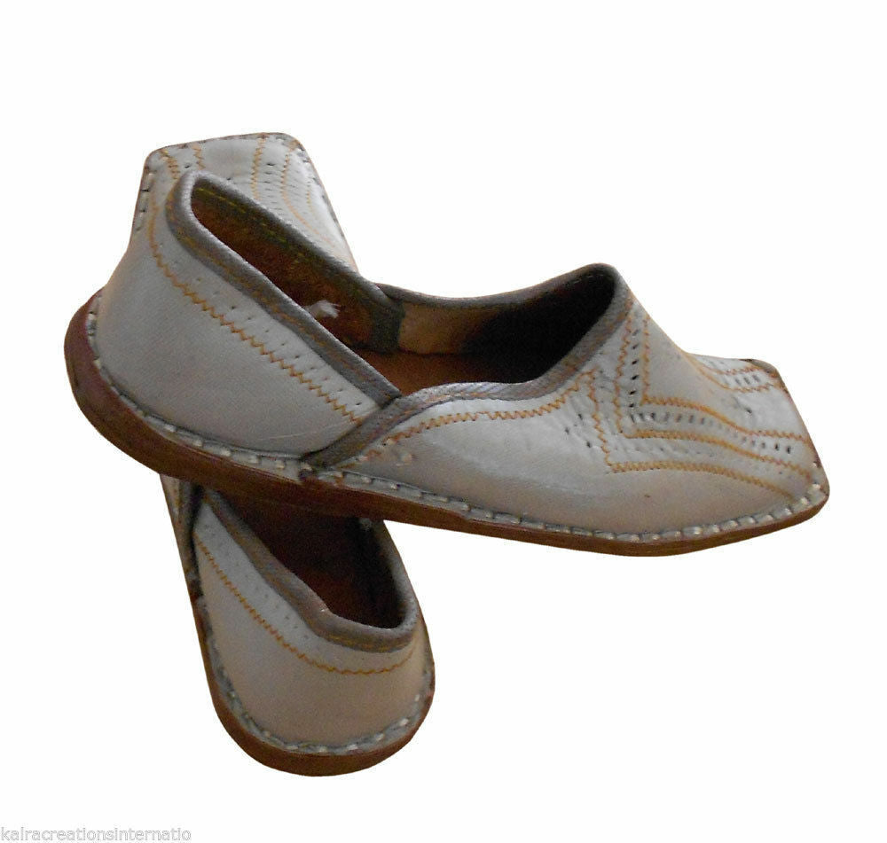 Men Shoes Indian Handmade Wedding Mojaries Leather Light Gray Loafers & Slip Ons Jutties Flip-Flops US 9