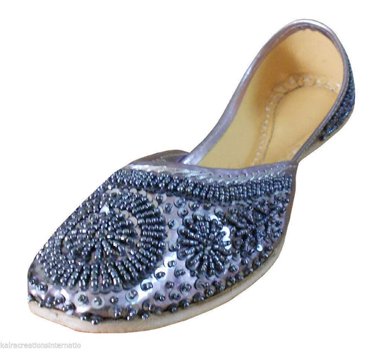 Women Shoes Handmade Indian Mojaries Leather Jutties Gray Slip-Ons Flip-Flops Flat US 6-10