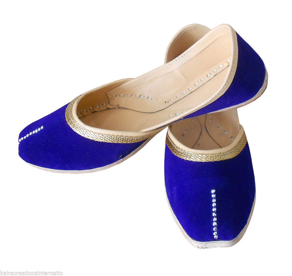 Women Shoes Indian Handmade Leather Mojaries Blue Ballerinas Jutties Flip-Flops Flat US 9.5-12