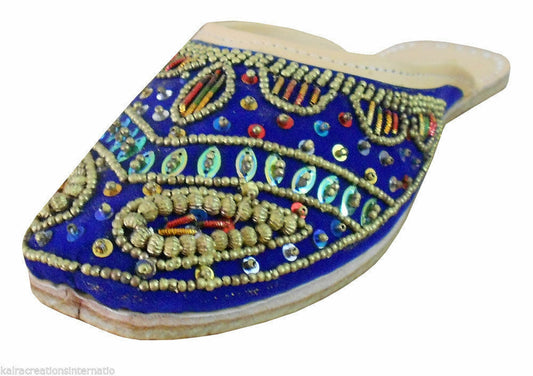 Women Slippers Indian Handmade Traditional Blue Leather Clogs Jutties Flip-Flops Flat US 6