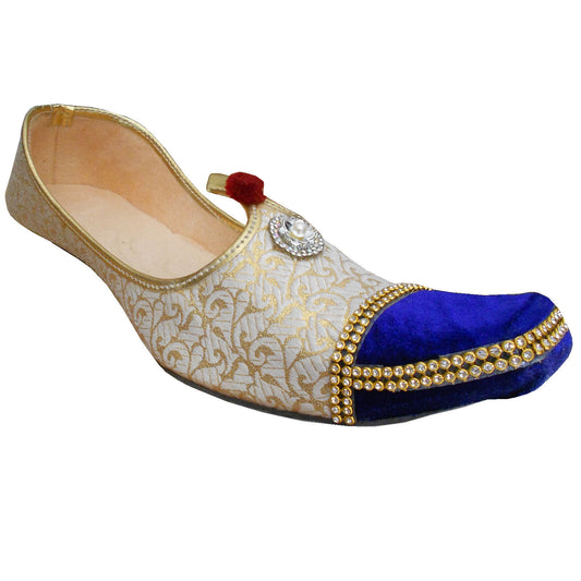 Men Shoes Indian Wedding Punjabi Handmade Cream & Blue Khussa Groom Leather Mojaries Flip-Flops Flat US 8