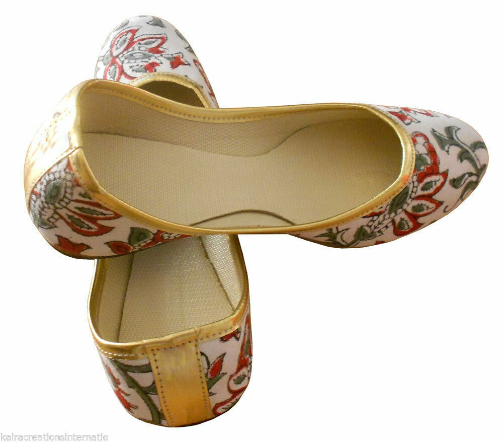 Women Shoes Indian Handmade Mojaries Leather White Ballerinas Jutties Flip-Flops Flat US 5/6