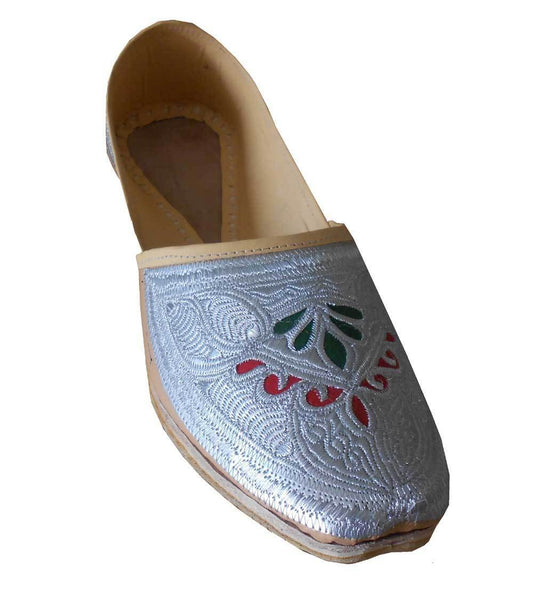 Men Shoes Traditional Leather Punjabi Espadrilles Handmade Cream With Silver Jutties Loafers & Slip Ons Flip-Flops Flat US 11