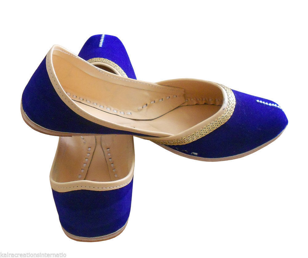 Women Shoes Indian Handmade Leather Mojaries Blue Ballerinas Jutties Flip-Flops Flat US 9.5-12