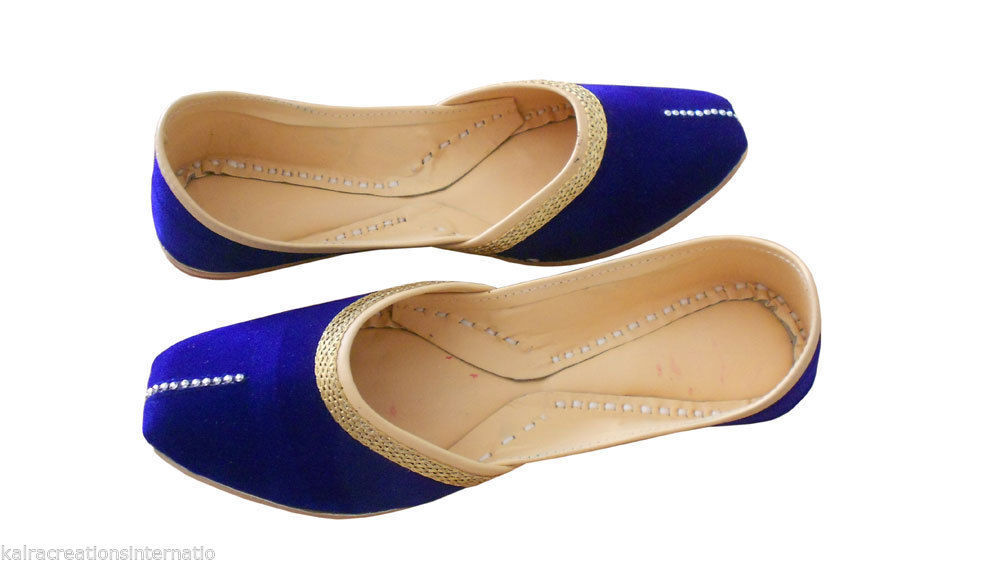 Women Shoes Indian Handmade Leather Mojaries Blue Ballerinas Jutties Flip-Flops Flat US 9.5-12