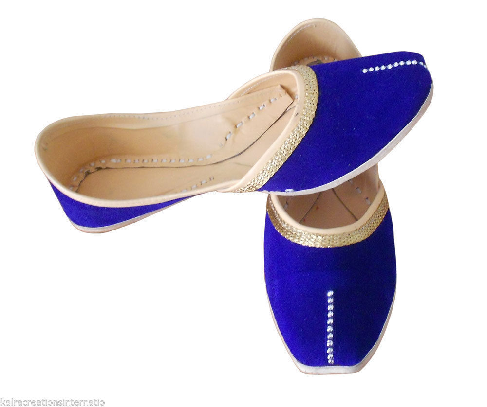 Women Shoes Indian Handmade Leather Mojaries Blue Ballerinas Jutties Flip-Flops Flat US 9.5-12