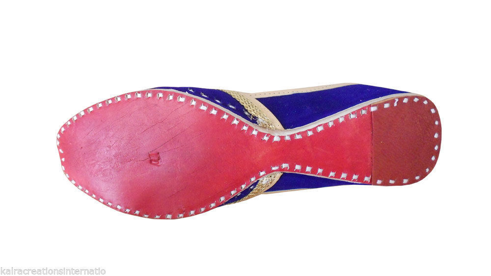 Women Shoes Indian Handmade Leather Mojaries Blue Ballerinas Jutties Flip-Flops Flat US 9.5-12