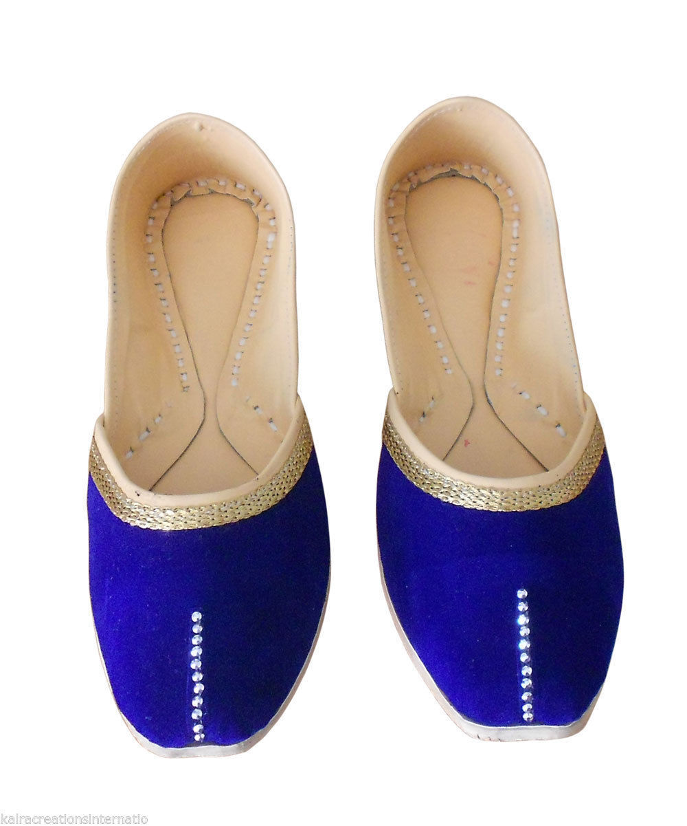 Women Shoes Indian Handmade Leather Mojaries Blue Ballerinas Jutties Flip-Flops Flat US 9.5-12