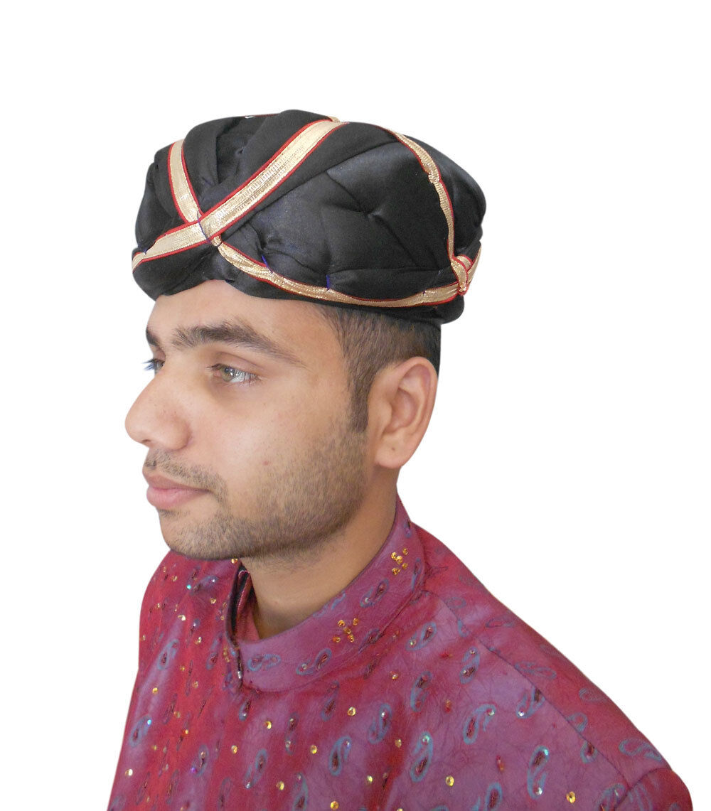 Men Hat Indian Handmade Turban Silk Blend Rajasthani Safa Black Top Pagri Pag