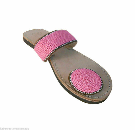 Women Slippers Indian Jutties Ethnic Handmade Cream With Pink Mojaries Beaded Slip-Ons Flip-Flops Flat US 6-9