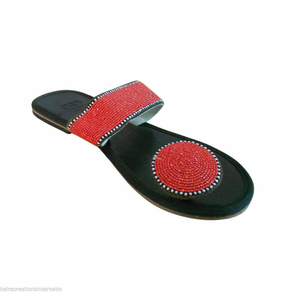 Women Slippers Indian Handmade Mojaries Beaded Leather Jutties Slip-Ons Flip-Flops US 9