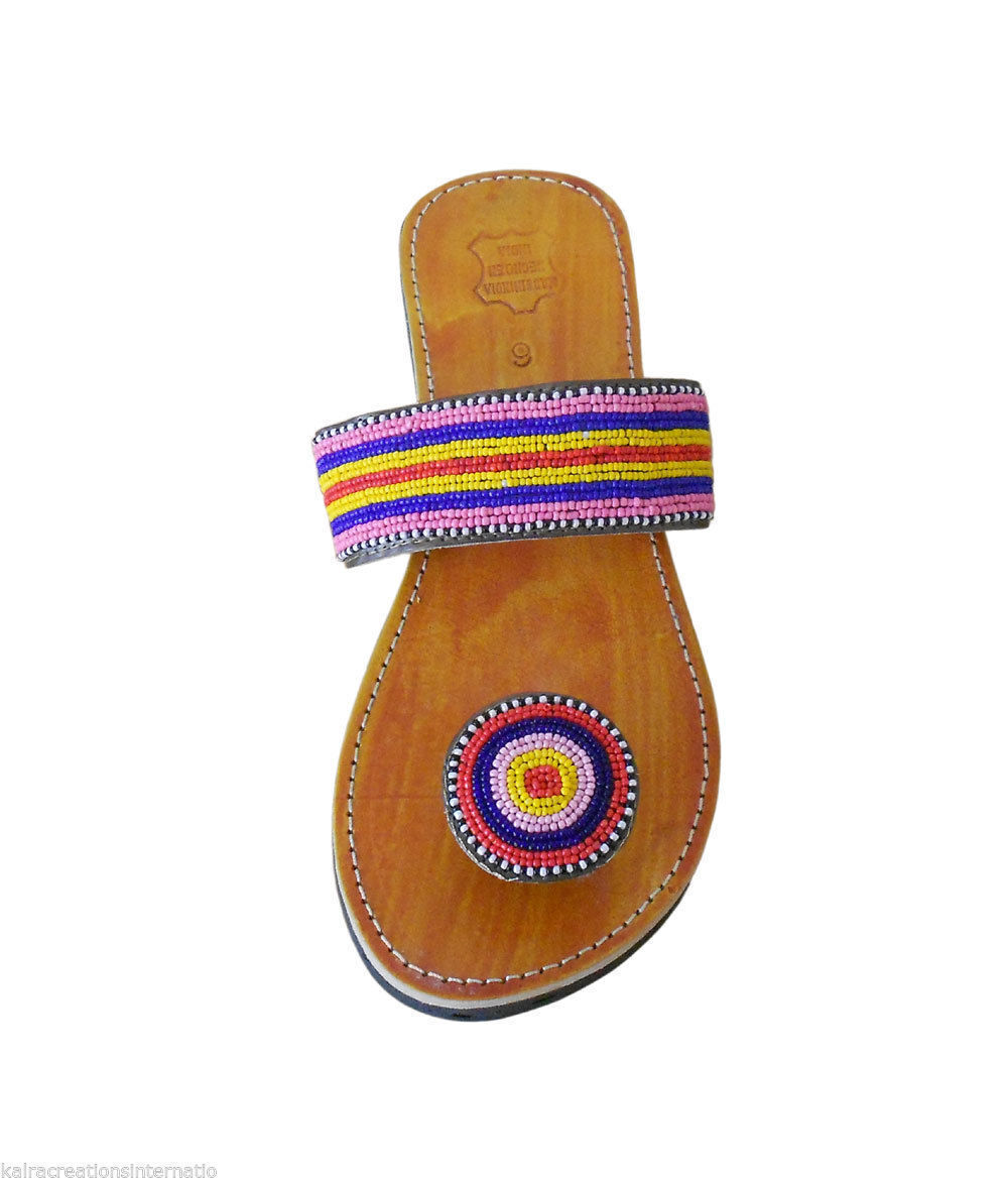 Women Slippers Indian Clogs Handmade Leather Mojaries Traditional Beaded Flip-Flops Flat US 6/7