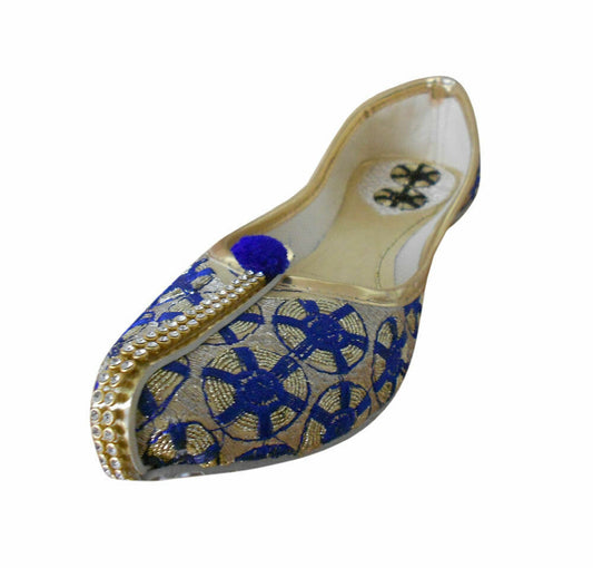 Women Shoes Indian Wedding Jutties Golden & Blue Pointy Mojaries Flip-Flops Flat US 5-7