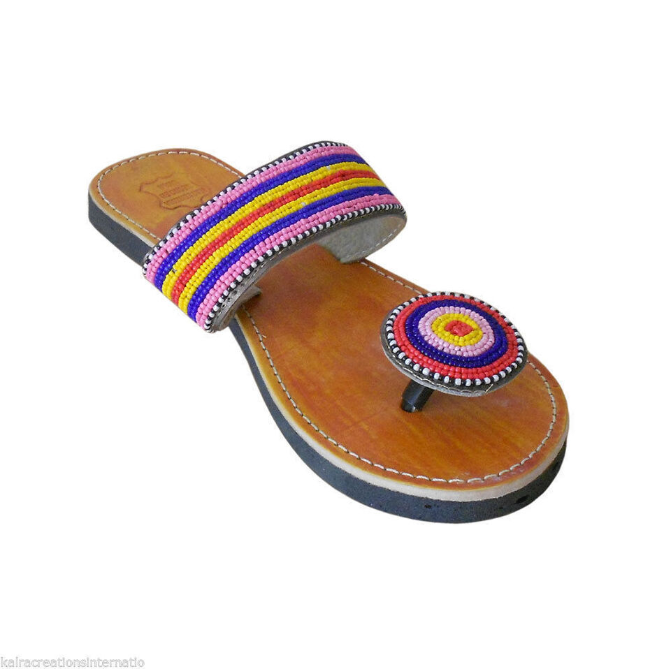 Women Slippers Indian Clogs Handmade Leather Mojaries Traditional Beaded Flip-Flops Flat US 6/7