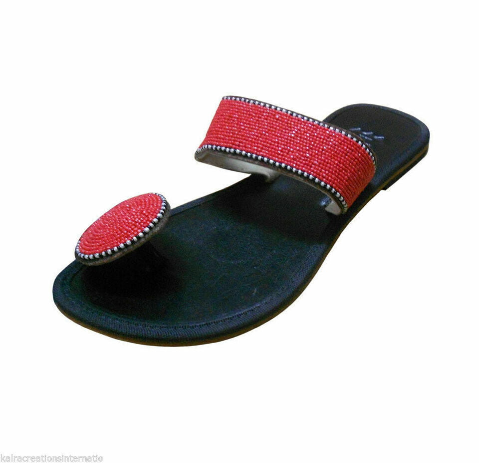 Women Slippers Indian Handmade Mojaries Beaded Leather Jutties Slip-Ons Flip-Flops US 9