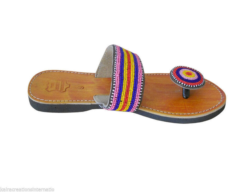 Women Slippers Indian Clogs Handmade Leather Mojaries Traditional Beaded Flip-Flops Flat US 6/7