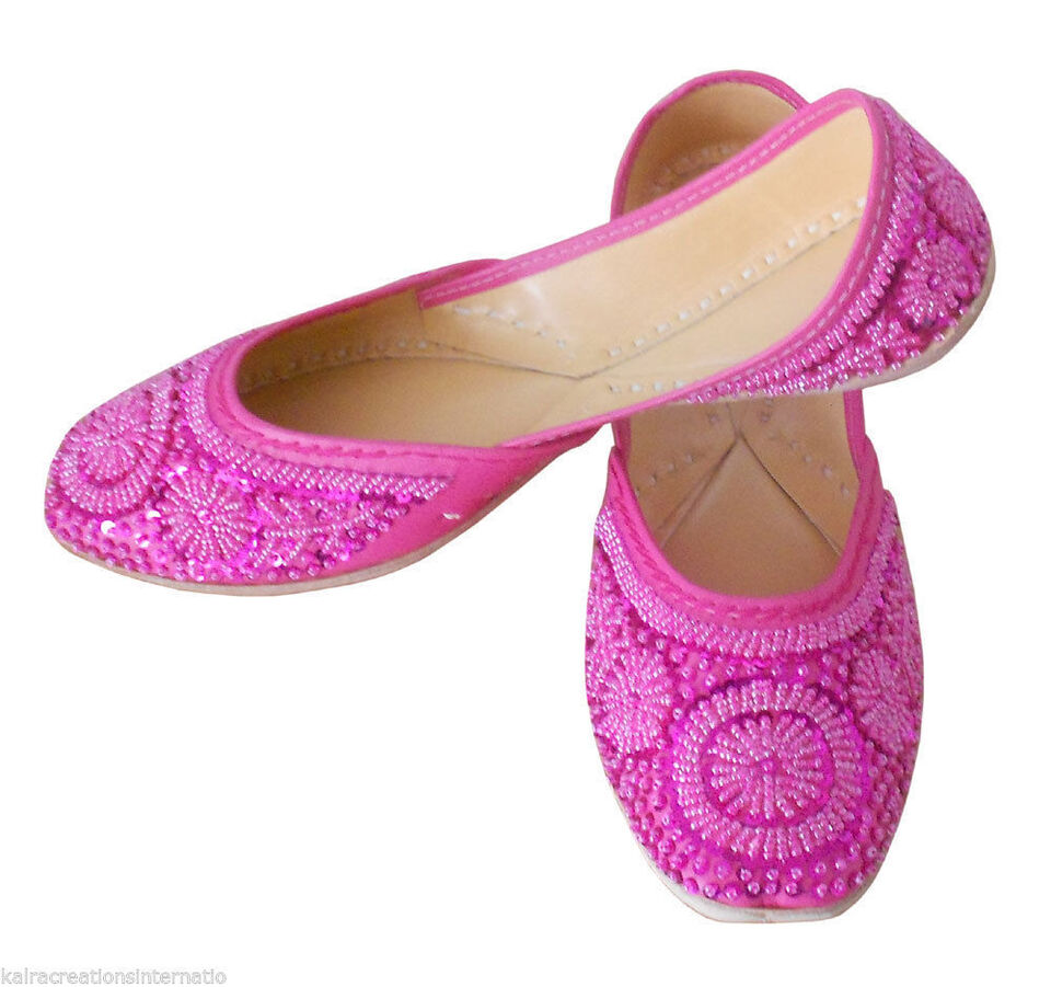 Women Shoes Indian Handmade Punjabi Mojaries Pink Leather Party Jutties Flip-Flops US 4-12