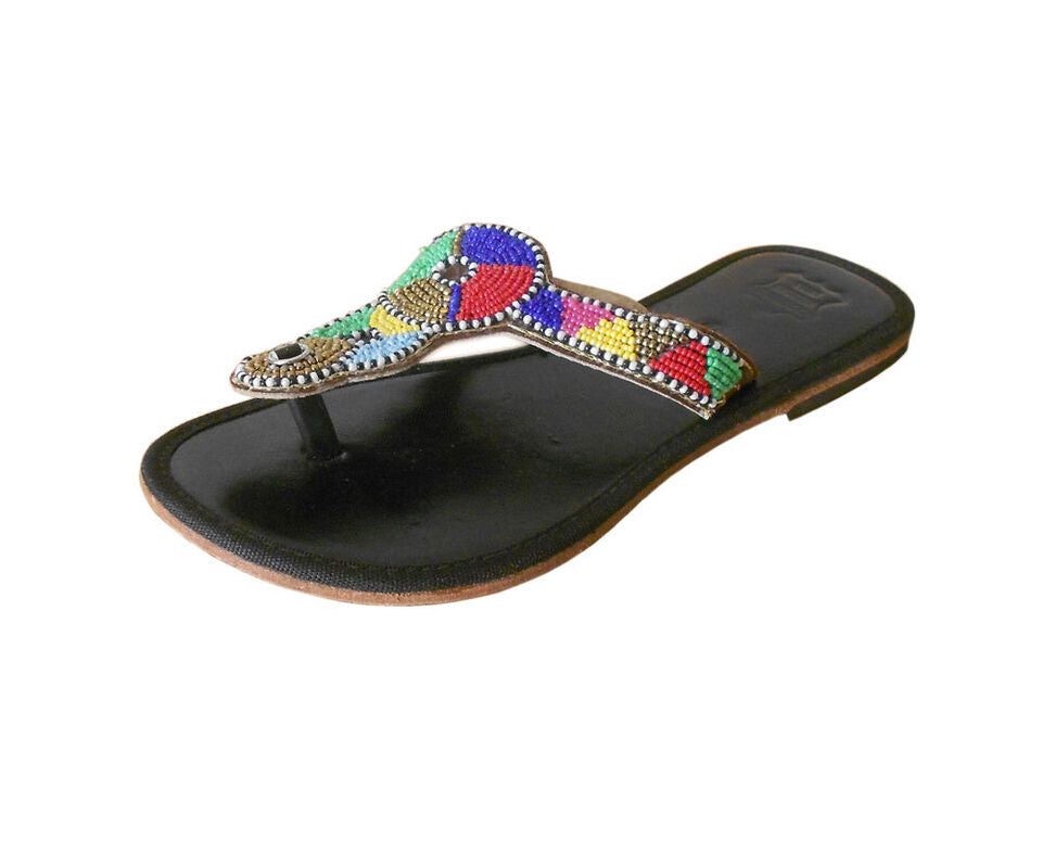 Women Slippers Indian Handmade Leather Mojaries Beaded Wedding Flip Flops Flat US 6-10