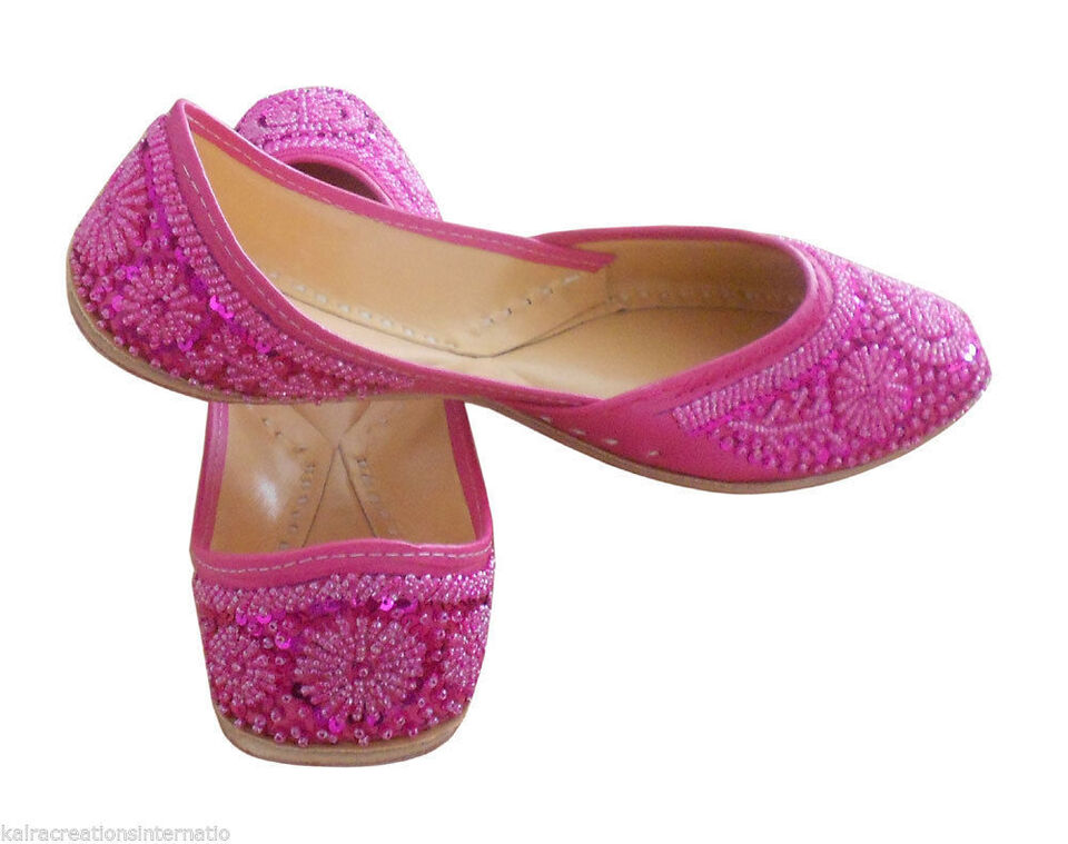 Women Shoes Indian Handmade Punjabi Mojaries Pink Leather Party Jutties Flip-Flops US 4-12