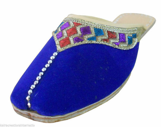 Women Slippers Indian Handmade Leather Mojaries Clogs Blue Jutties Flip-Flops Flat US 6/9