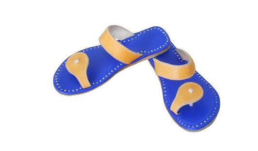 Women Slippers Indian Handmade Leather Mojaries Traditional Blue Jutties Flip-Flops Flat US 4