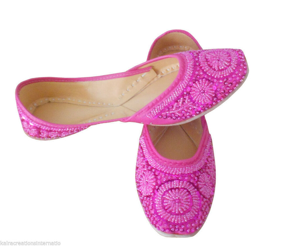 Women Shoes Indian Handmade Punjabi Mojaries Pink Leather Party Jutties Flip-Flops US 4-12