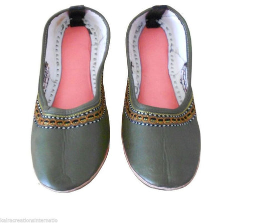 Women Shoes Traditional Jutties Handmade Light Green Mojaries Ballerinas Flip-Flops Flat US 4