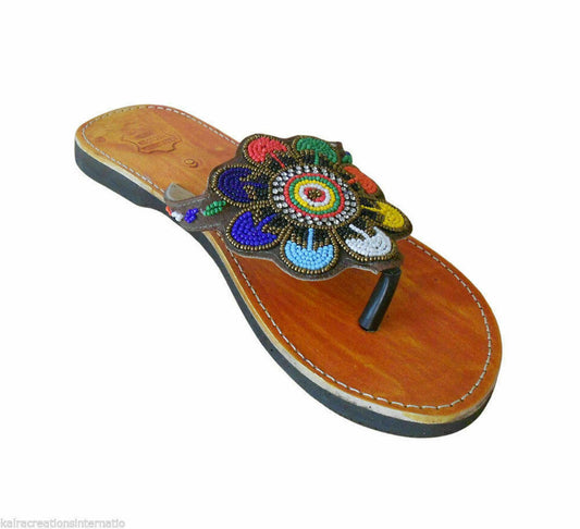 Women Slippers Traditional Beaded Leather Mojaries Slip-Ons Indian Jutties Flip-Flops Flat US 8/10