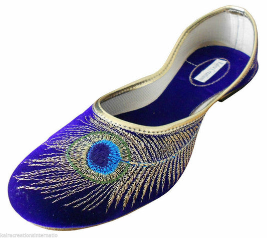 Women Shoes Indian Khussa Ethnic Jutties Handmade Blue Mojaries Peacock Print Flip-Flops US 5-10